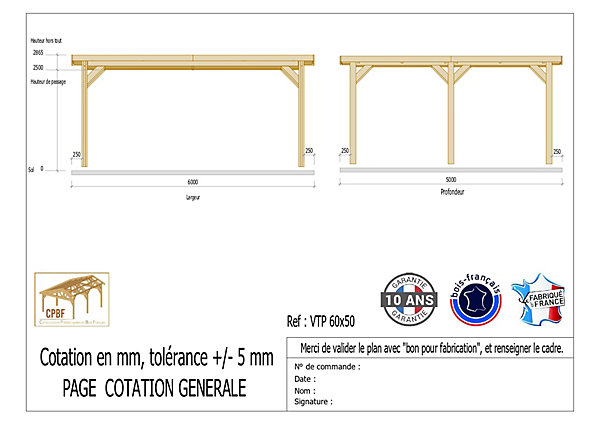 Carport toit plat, 600cmx500cm, bois DOUGLAS Français(Charpente en bois-auvent-abri voiture) 30 m². Garantie 10 ans