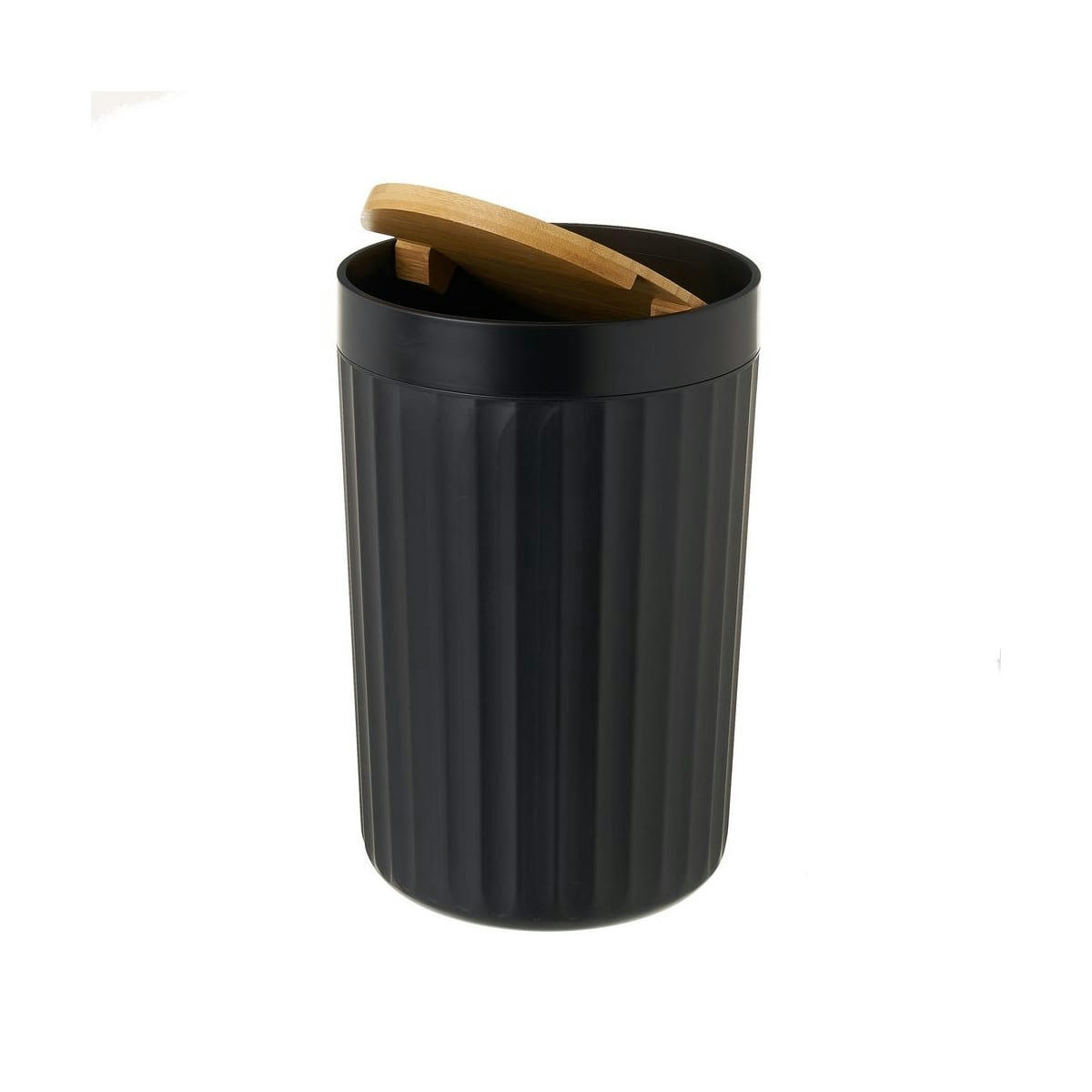 BAMBOU - Poubelle de salle de bain en plastique noir et bambou 5L
