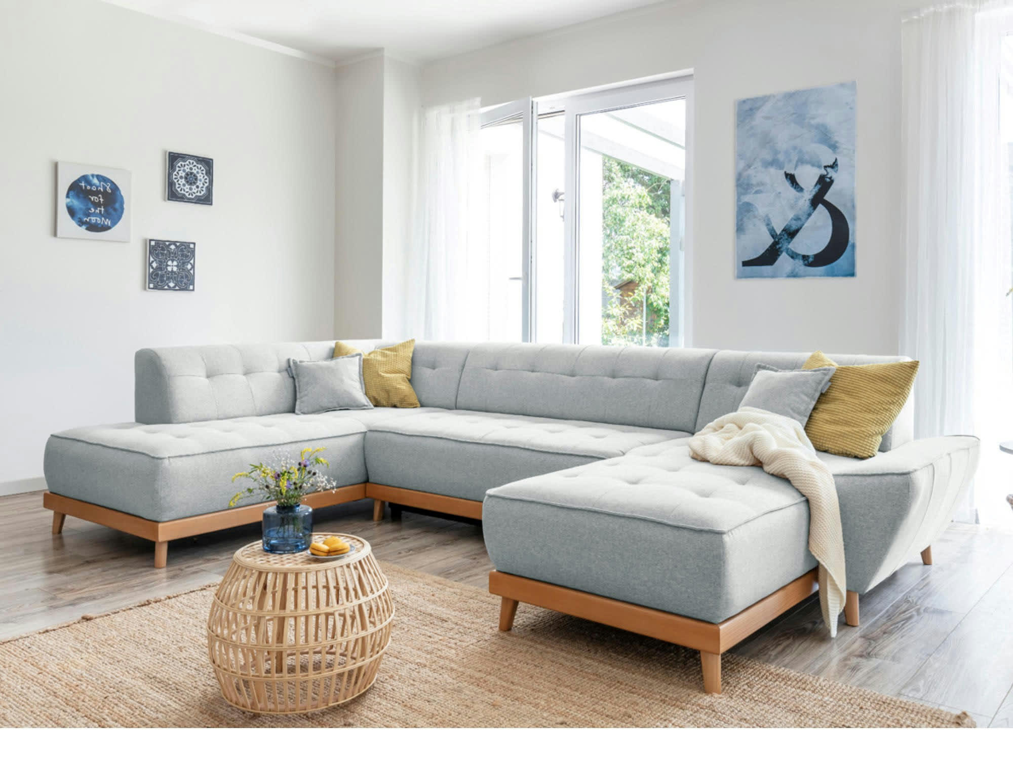 DAISY - Canapé panoramique 7 places angle gauche en tissu gris clair