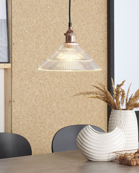 Lampa wisząca szklany klosz miedziana