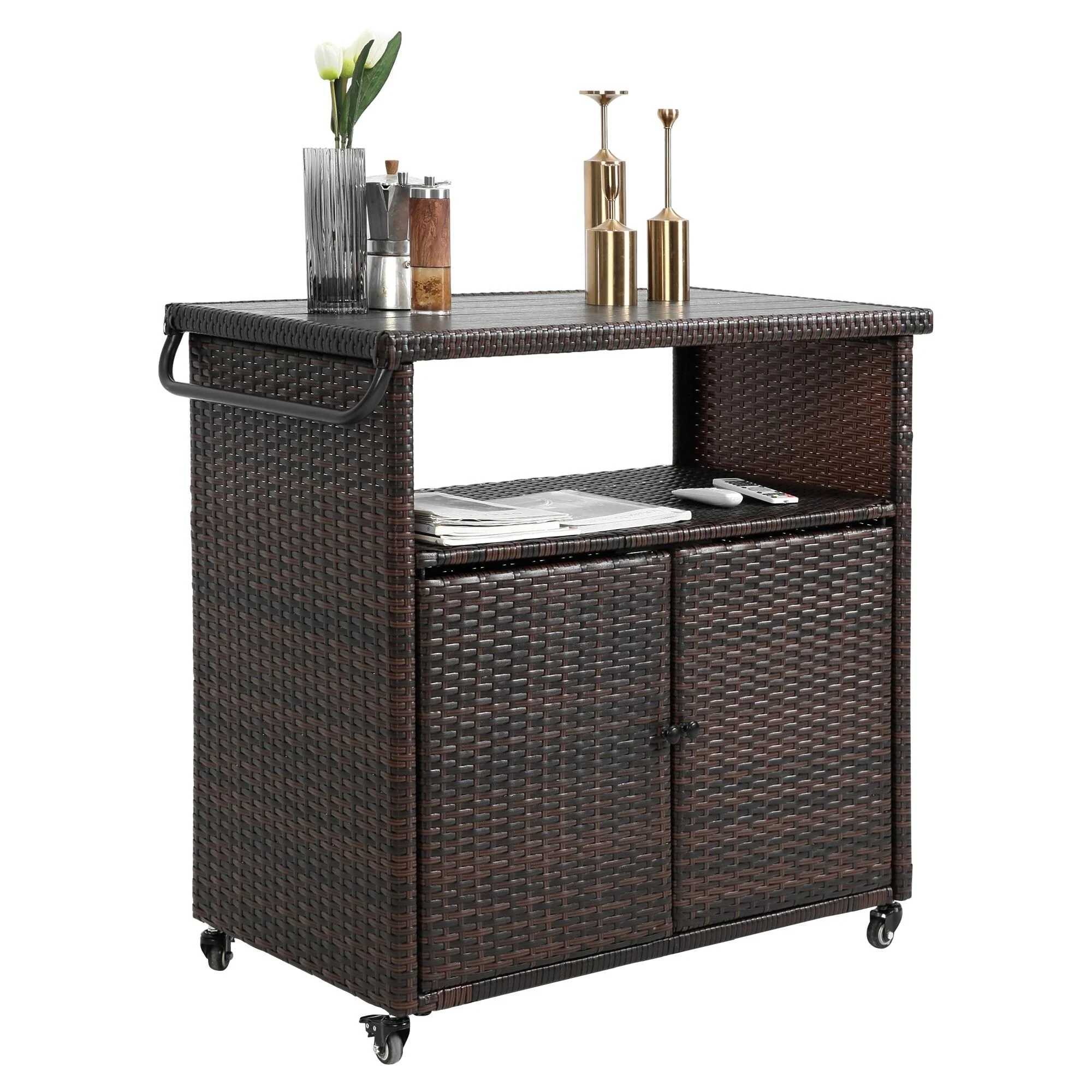 Outdoor Rolling Wicker Kitchen Islands, Patio Wine Serving Cart w/Wheels