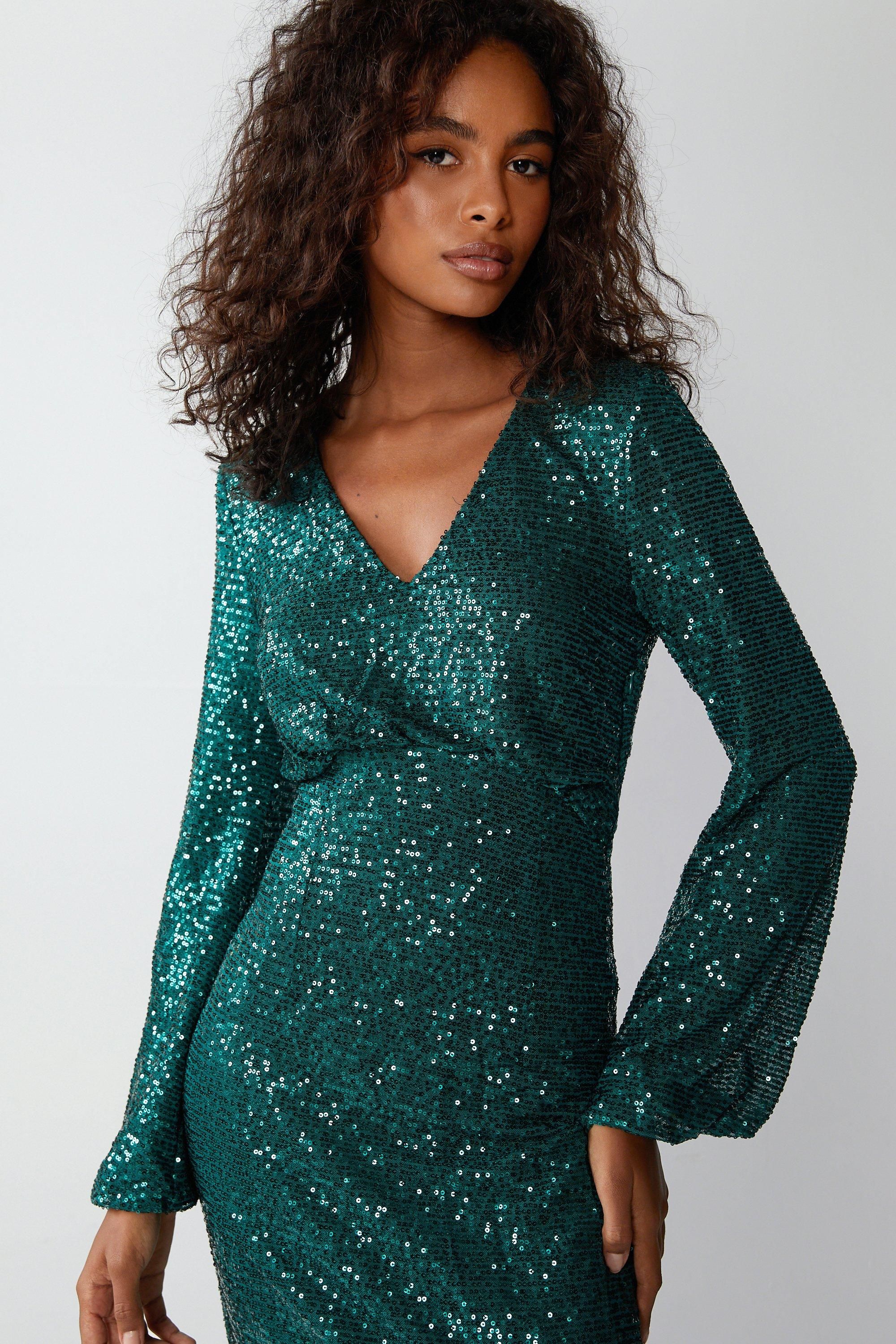 Warehouse Sequin Balloon Sleeve Maxi Dress