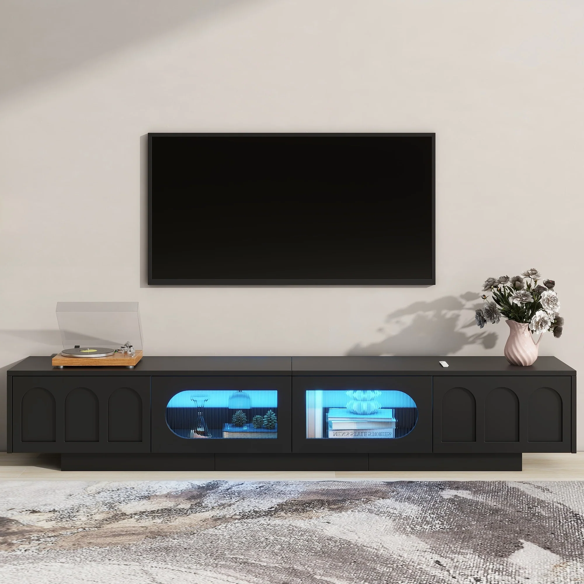 Black 86 TV Stand with LED, Storage & Glass Doors for TVs Up to 95