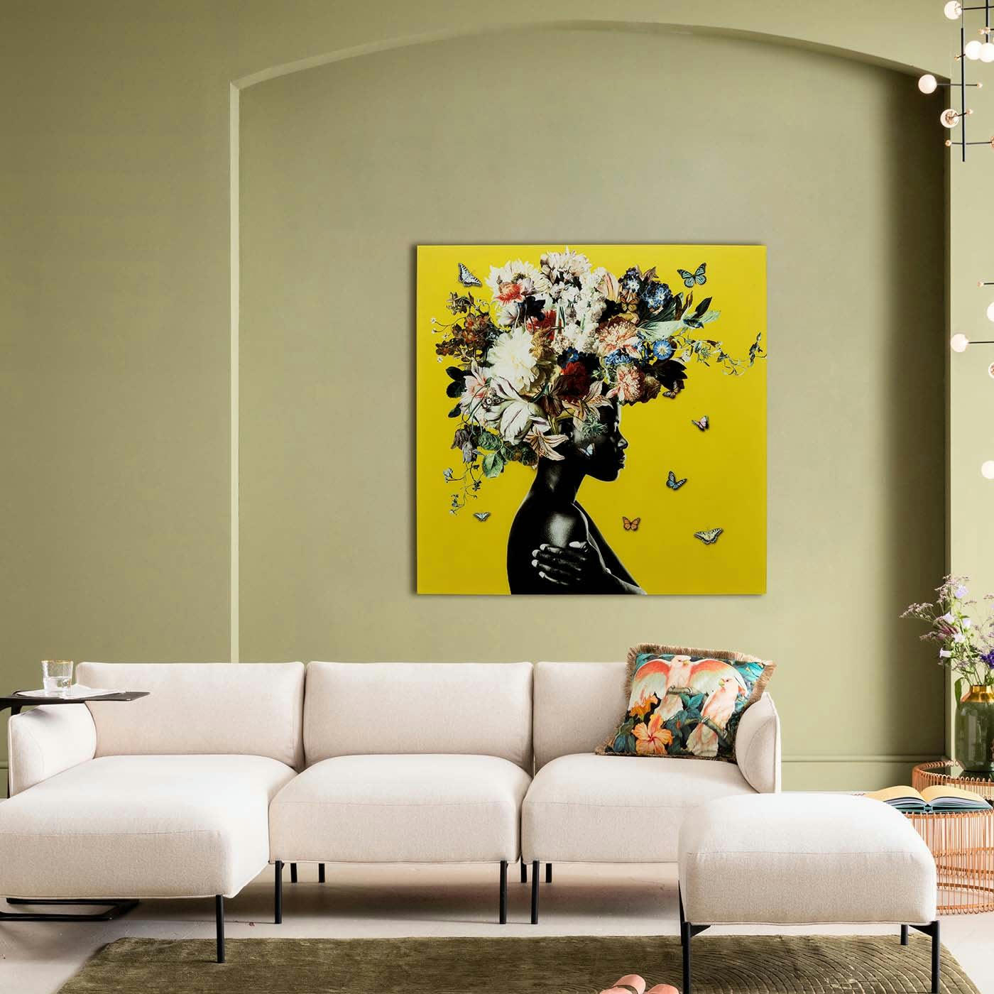 - Tableau en verre femme fleurs 100x100cm jaune Kare Design