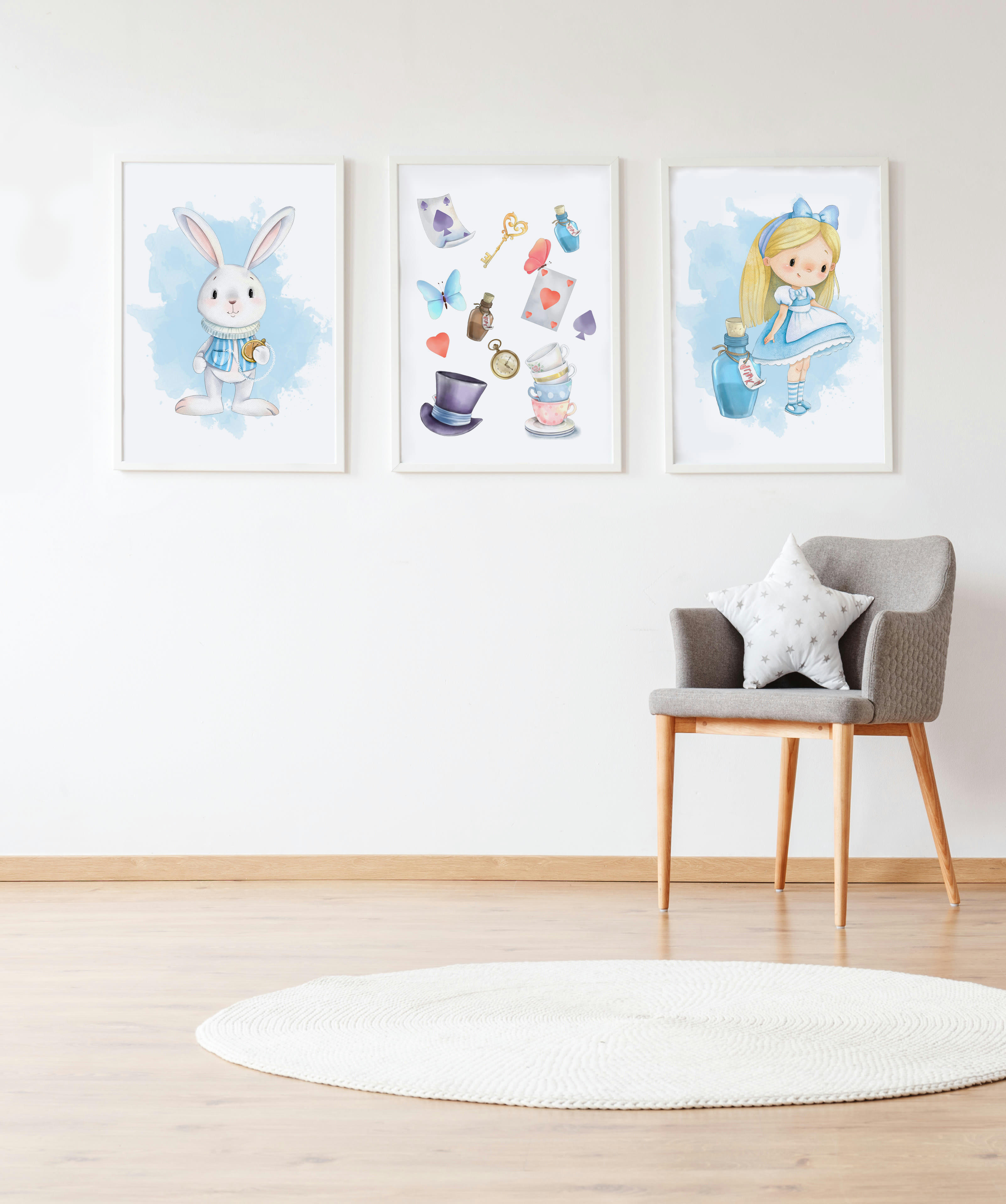DECOWALL - Pack encadré bois blanc impression le lapin Alice et objets 43X33 cm