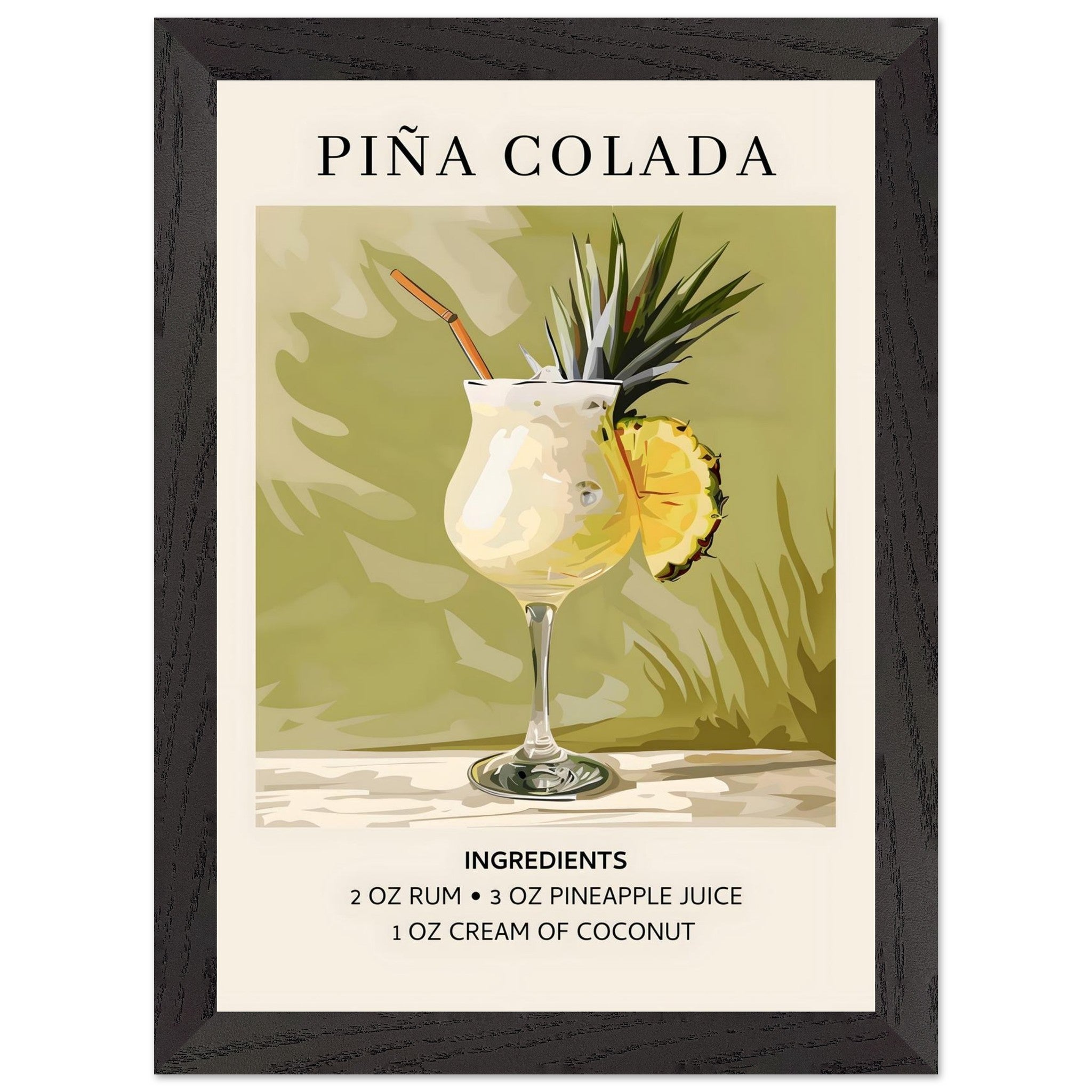 Artfulprints Poster met Lijst Piña Colada cocktail - Ingrediënten  - A4 21x29.7 cm - Groen
