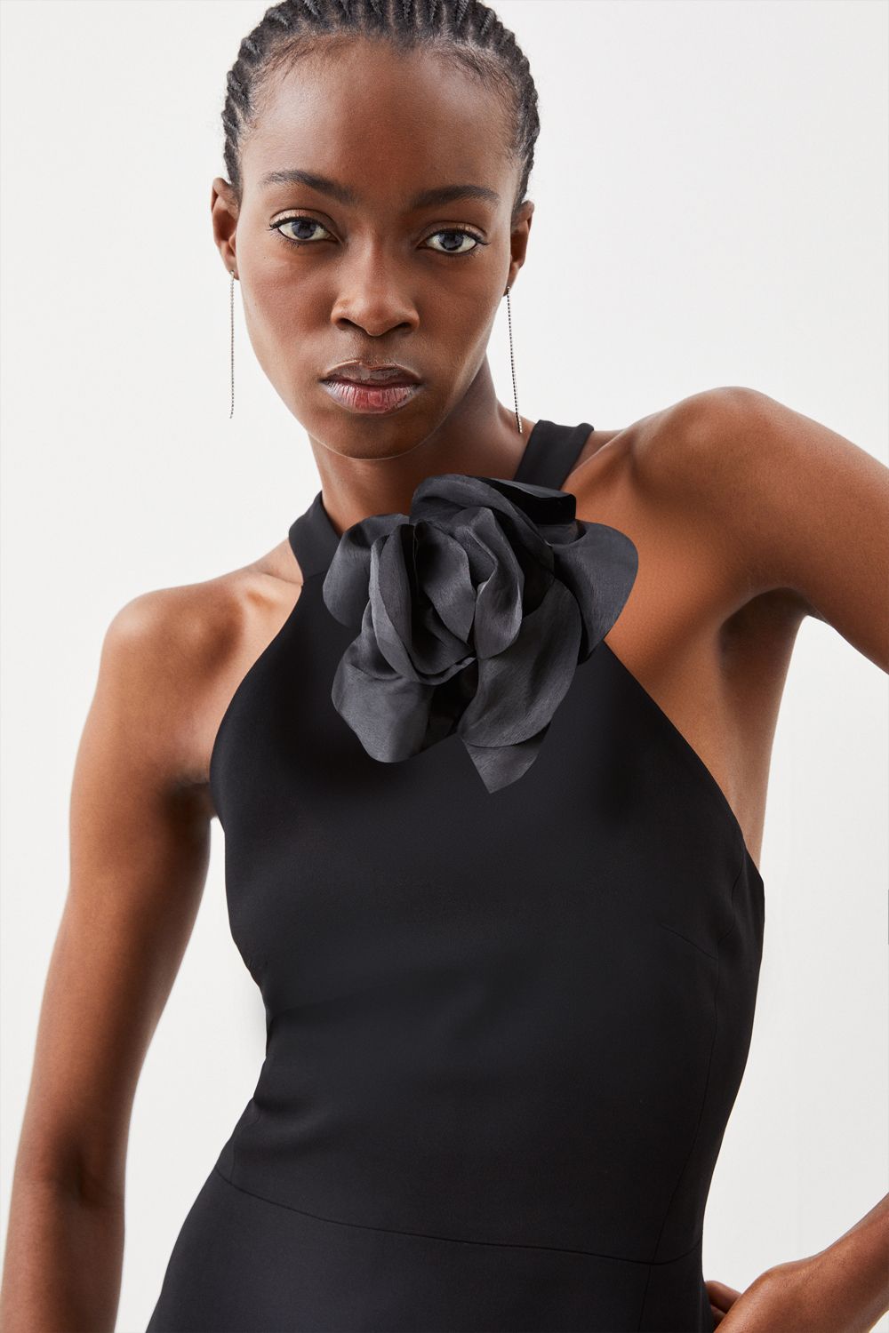 KarenMillen Compact Viscose Big Corsage Detail Tailored Halterneck Midaxi Dress