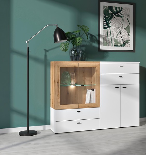 Witryna System64 128 cm z 4 szufladami i 4 drzwiami biały/dąb coast evoke