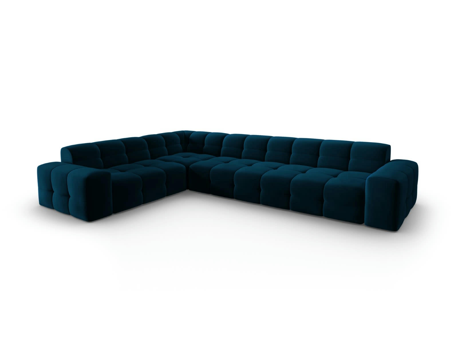 KENDAL - Canapé d'angle gauche 6 places en tissu velours bleu marine