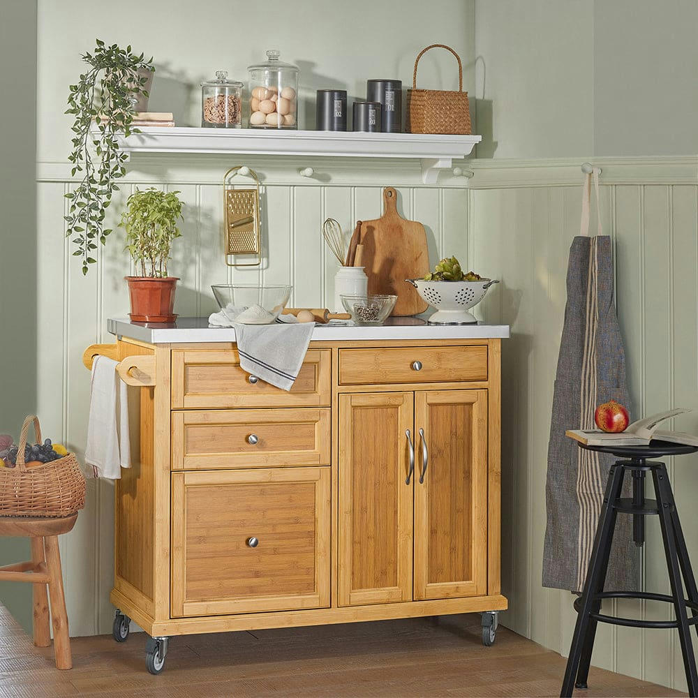 - Desserte en bambou à roulettes 4 tiroirs 2 portes