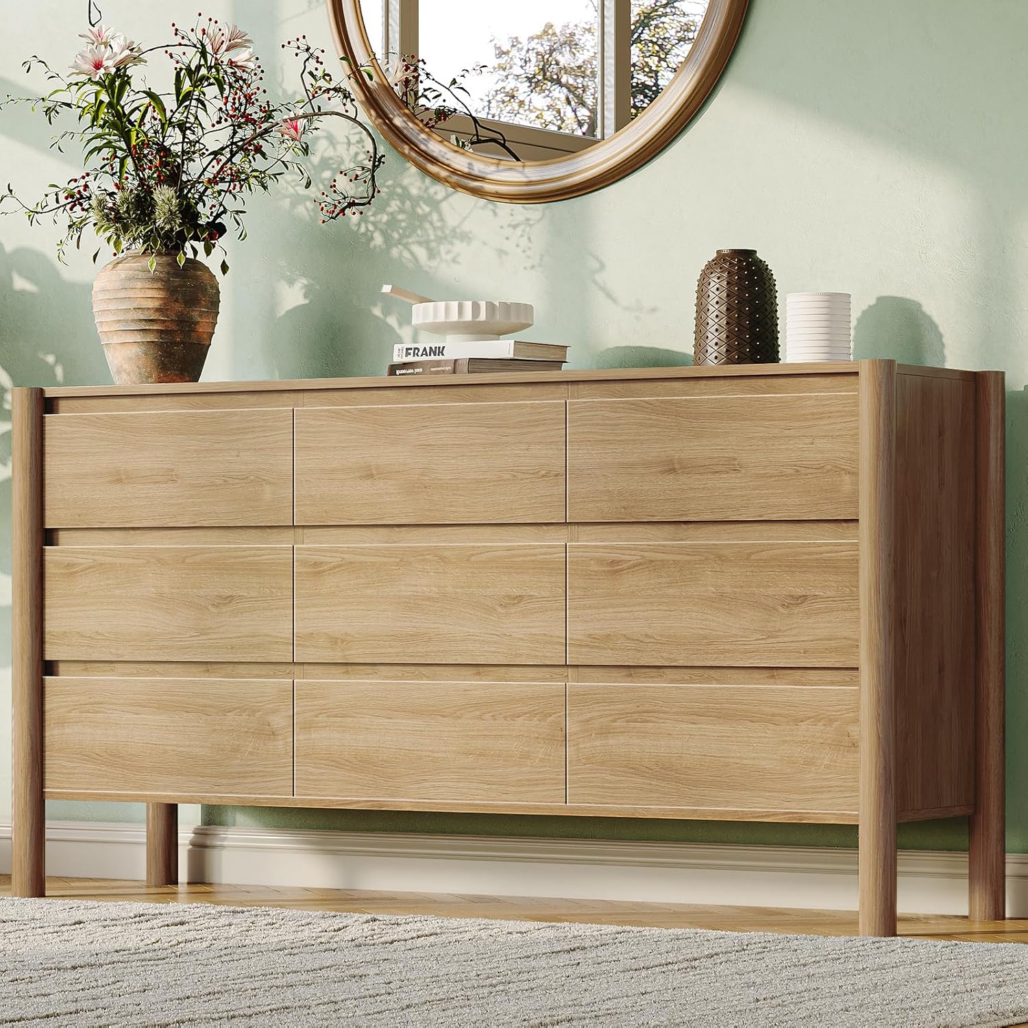 CHUWELL Oak Dresser for Bedroom, 63 Wide Mid Century Modern Chest of Drawers with 9 Large Storage Space and 4 Solid Wood Cylindrical Legs, 9 Drawer Large Dresser for Bedroom