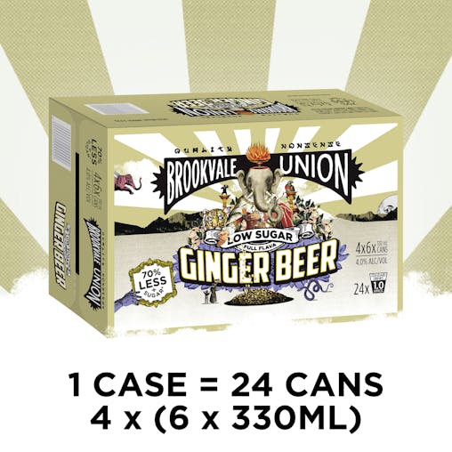 Brookvale Union Low Sugar Alcoholic Ginger Beer, Spicy & Smooth Finish, 4% ABV, 330mL (Case of 24 Cans)