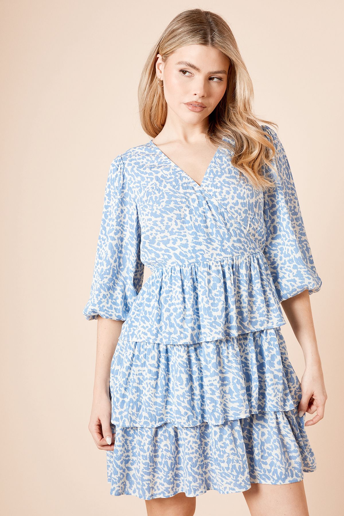 Dorothy Perkins Blue Wrap Front Tiered Blouson Sleeve Mini Dress