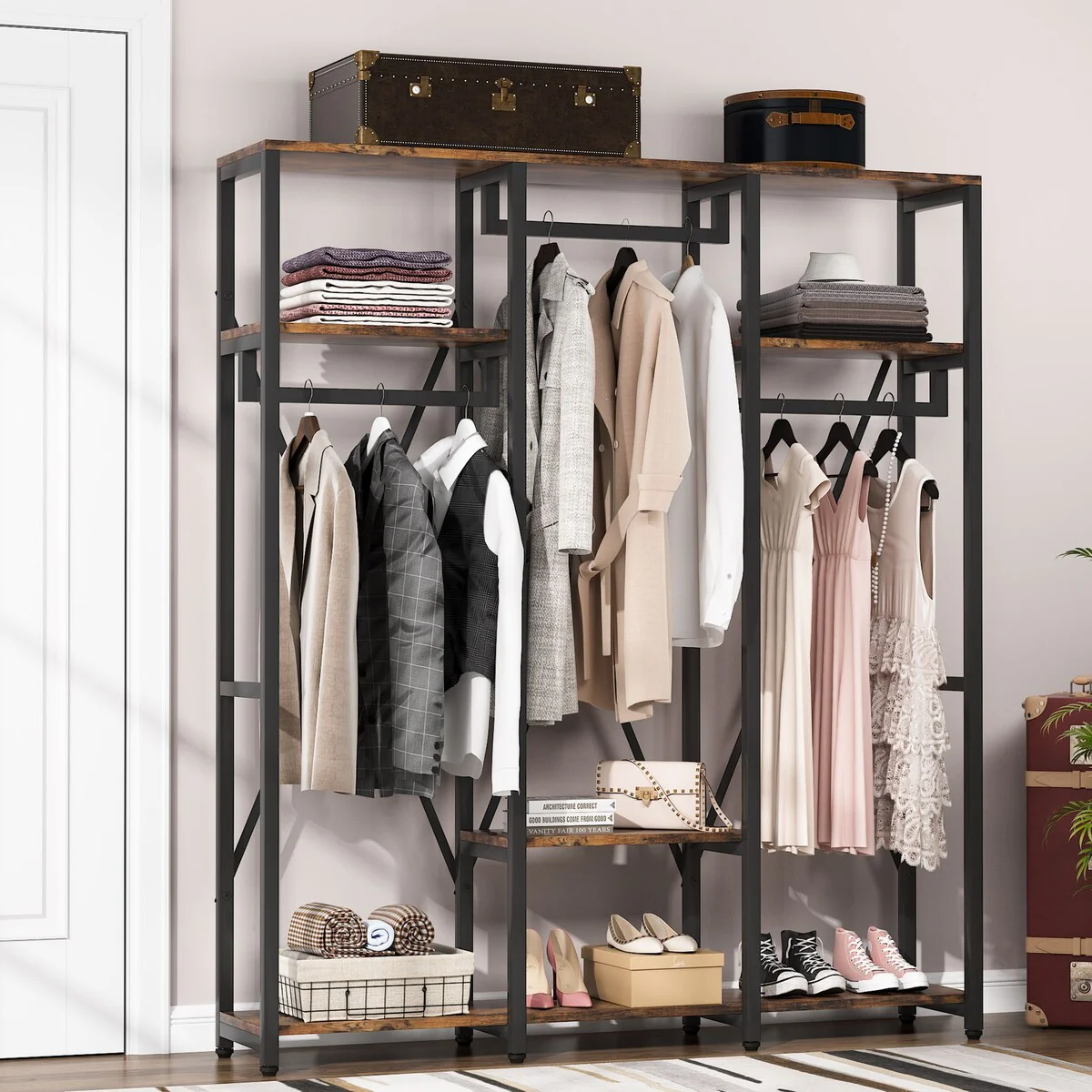 Freestanding Garment Rack, Heavy Duty Closet Organizer Systems with Shelves