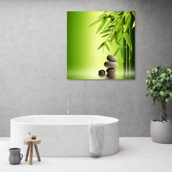 Feeby Obraz Kamienie zen i bambus na zielonym tle 30x30