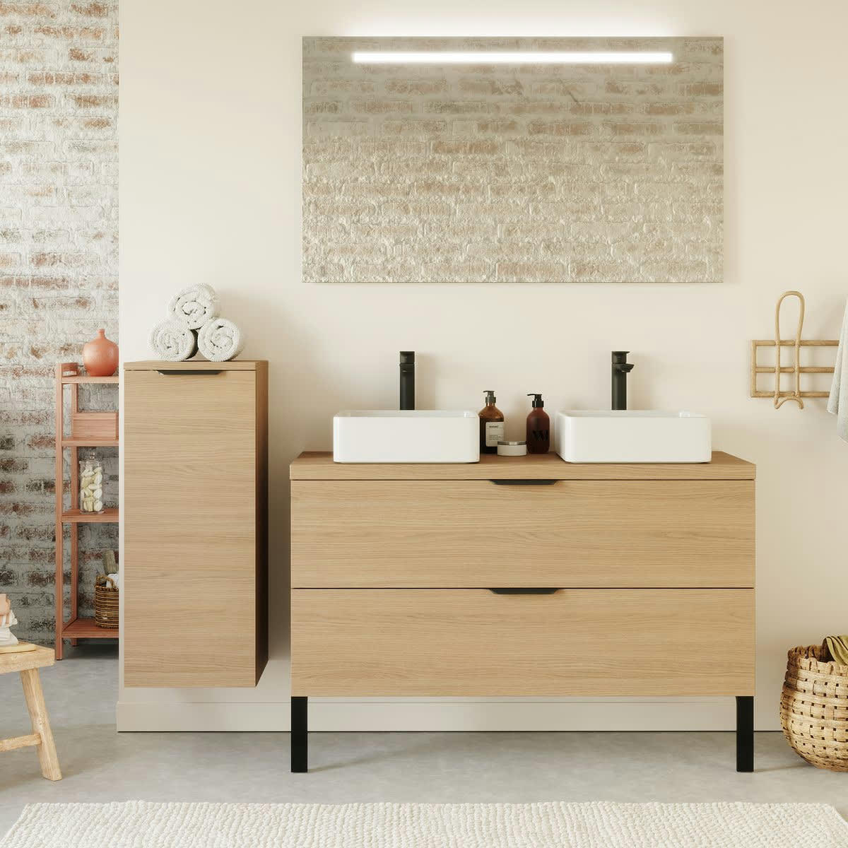 VENICE - Meuble salle de bain 2 vasques posées 120cm 2 tiroirs Chêne