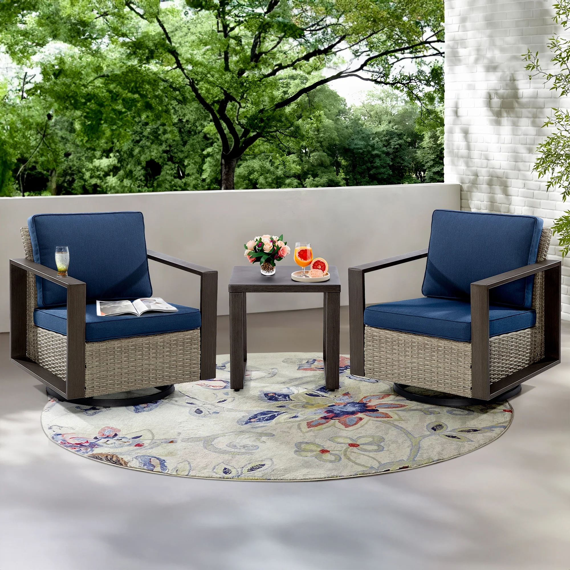 Cozywor 3-Piece Patio Swivel Outdoor Rocking Chair Conversation Set with Side Table