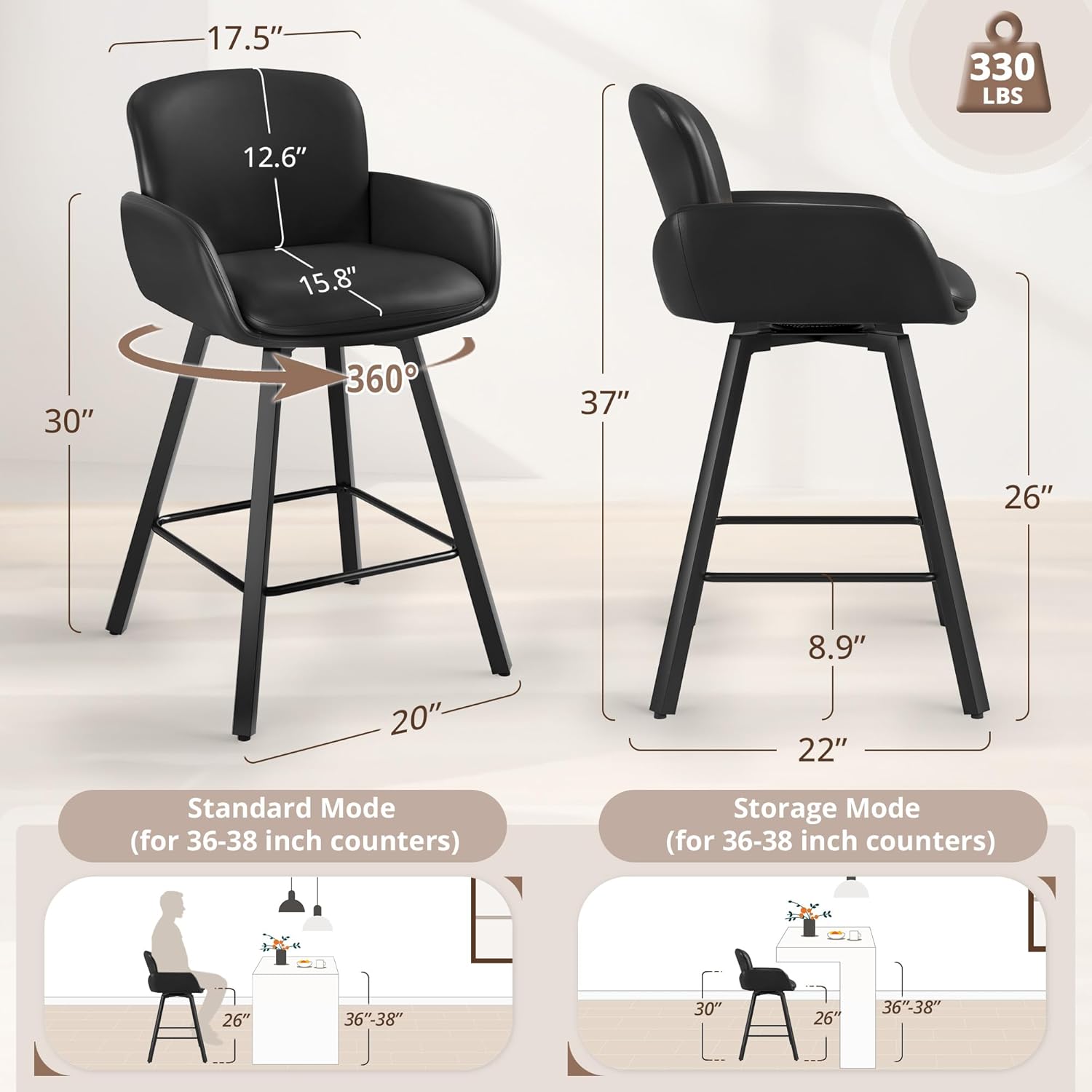 LUE BONA 26 Swivel Bar Stools Set of 3, Counter Height Bar Stools with Backrest and Arms, Modern Upholstered Barstools with Metal Legs for Kitchen Island, Black
