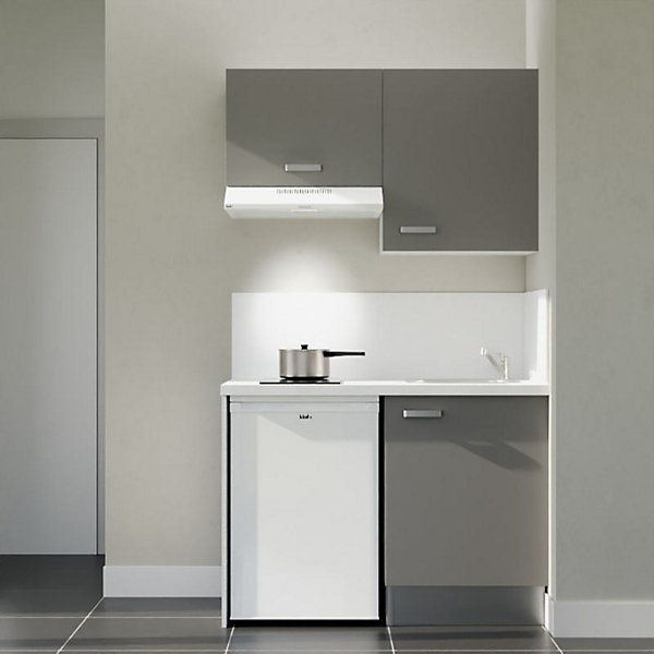 Kitchenette K01 façades Gris - Plan de travail Blanc - Crédences : Oui - Evier inox - Electroménager Blanc inclus