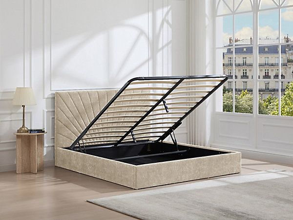 Lit coffre 160 x 200 cm - Tissu texturé - Beige - RIBIOLA