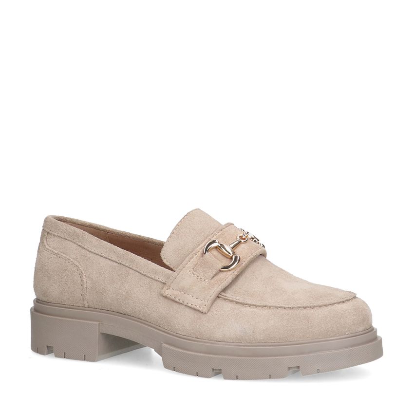 Manfield Beige suède loafers met goudkleurige details
