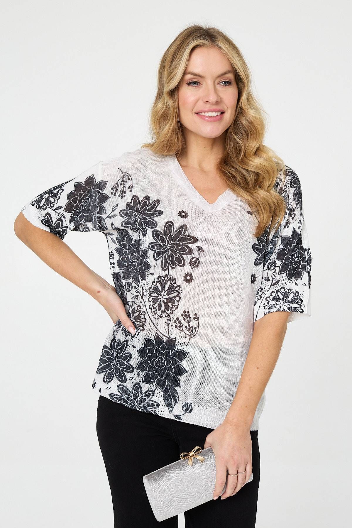 Izabel London Floral Relaxed Open Knit Top