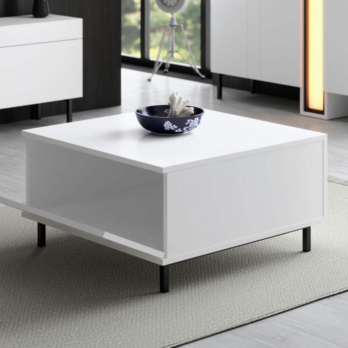 Table basse blanche carrée avec coffre de rangement AURA