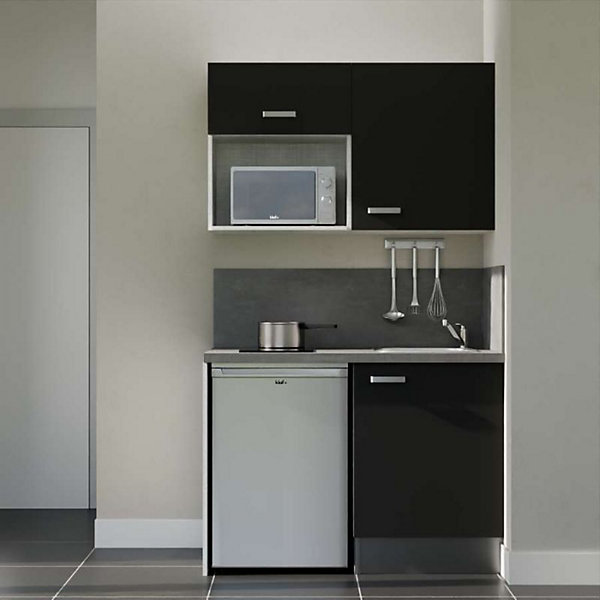 Kitchenette K07 façades Noir - Plan de travail Gris béton - Crédences : Oui - Evier inox - Electroménager Inox inclus