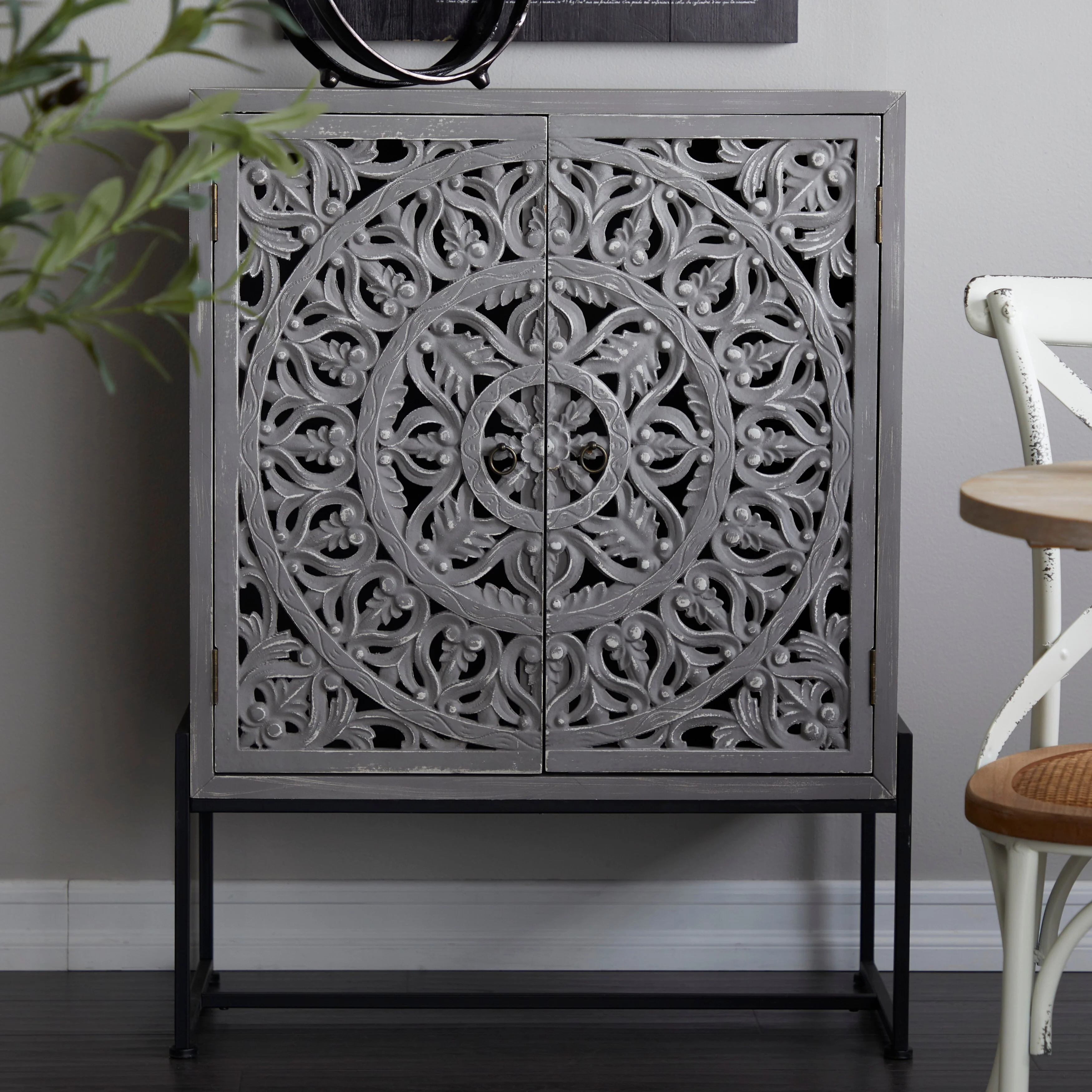 White or Grey Wood Pine Boho Eclectic Traditional 2 Door Storage Cabinet