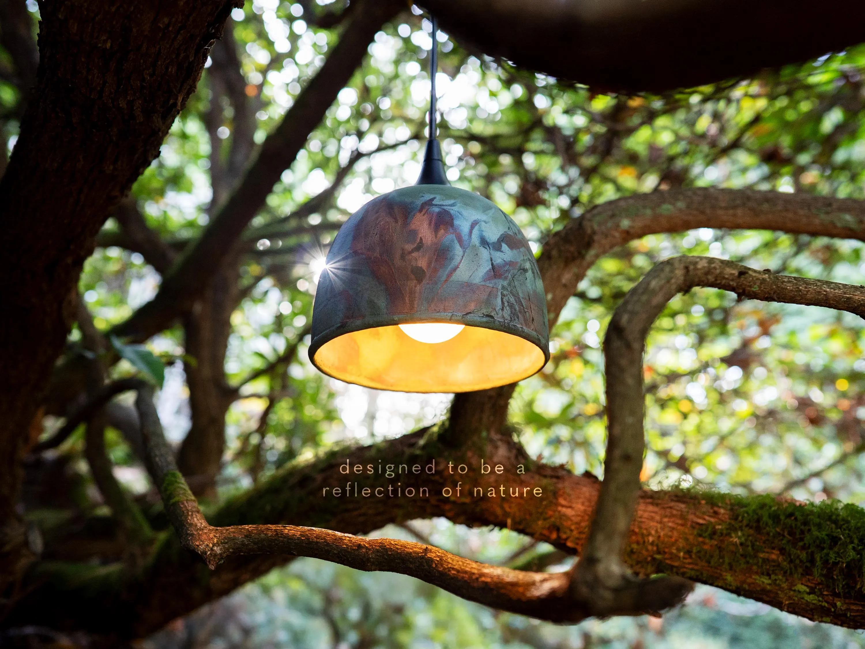 Raku Ceramic Pendant Light – Custom Copper Blue Green Pottery Lamp | Handmade Dome Lighting