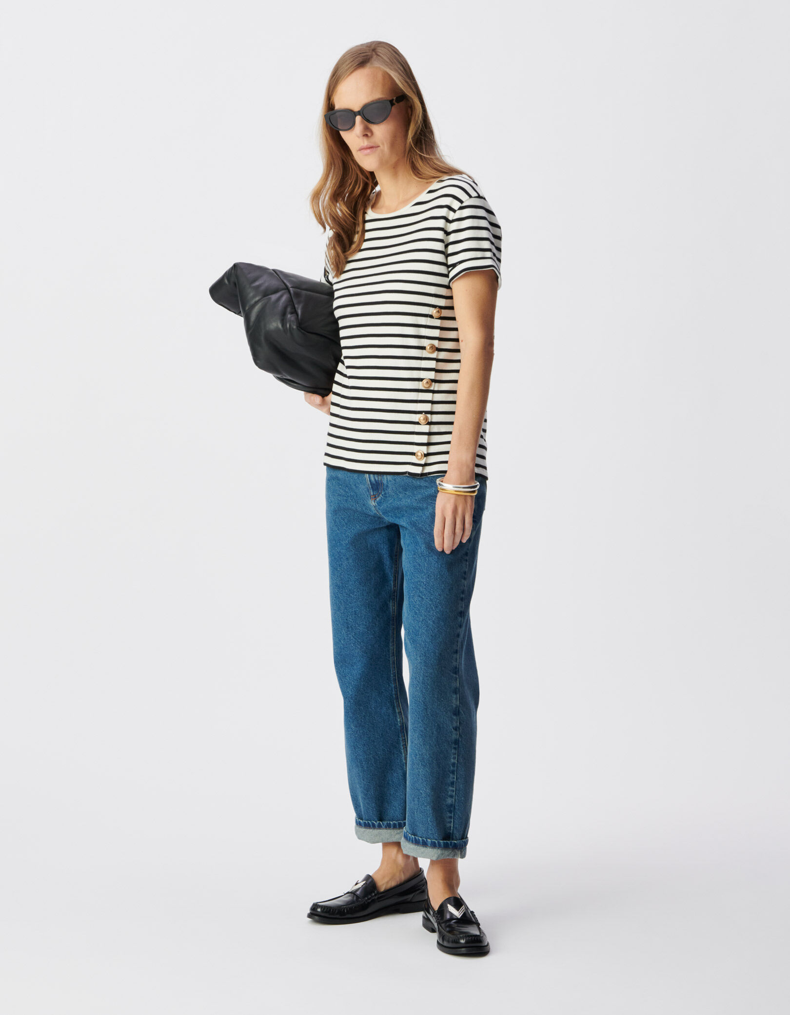 Tee-shirt marinière coton bio boutons devant Femme