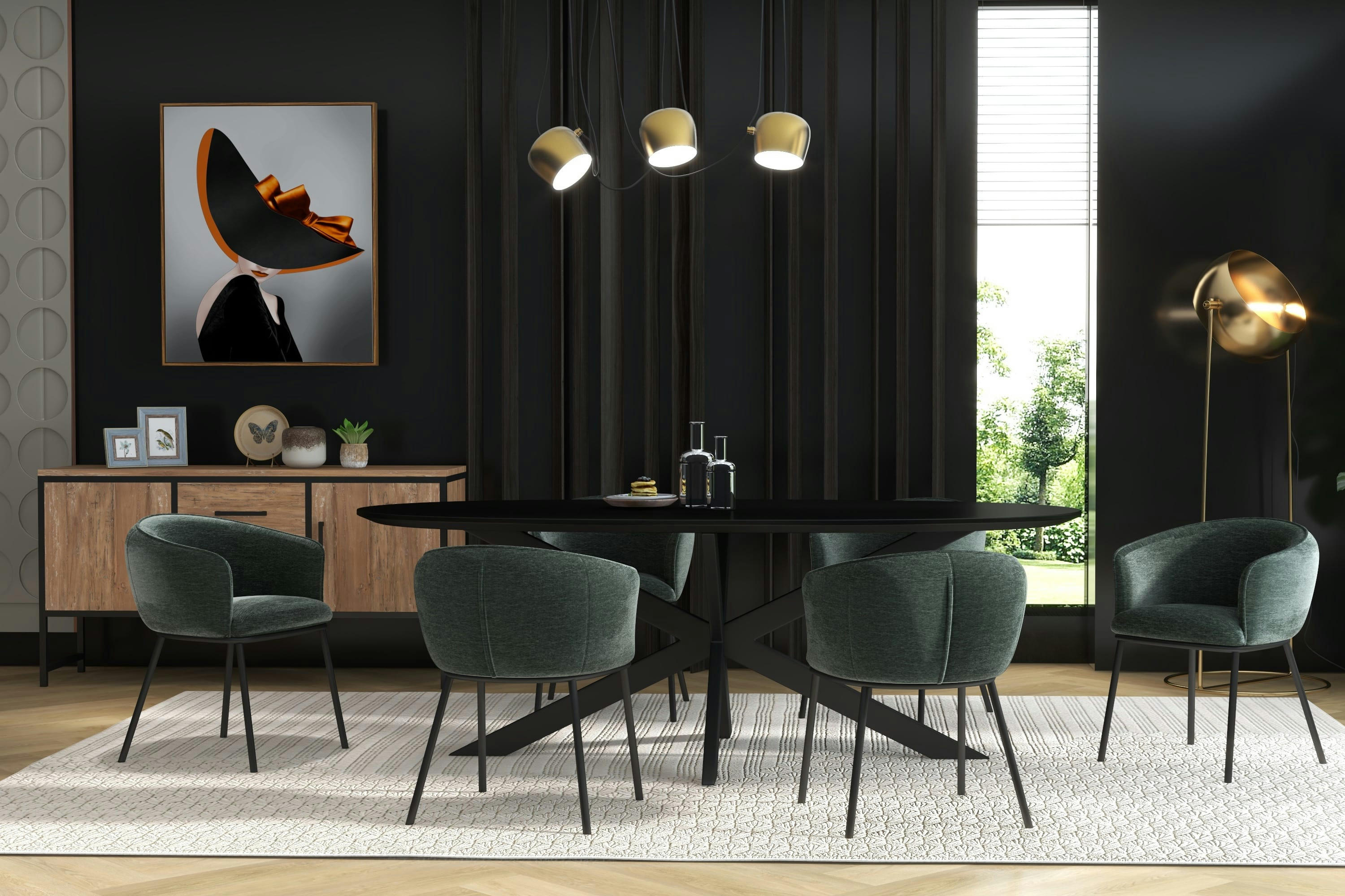 ALVIN - Fauteuil de table en tissu chenillé Sauge et métal noir