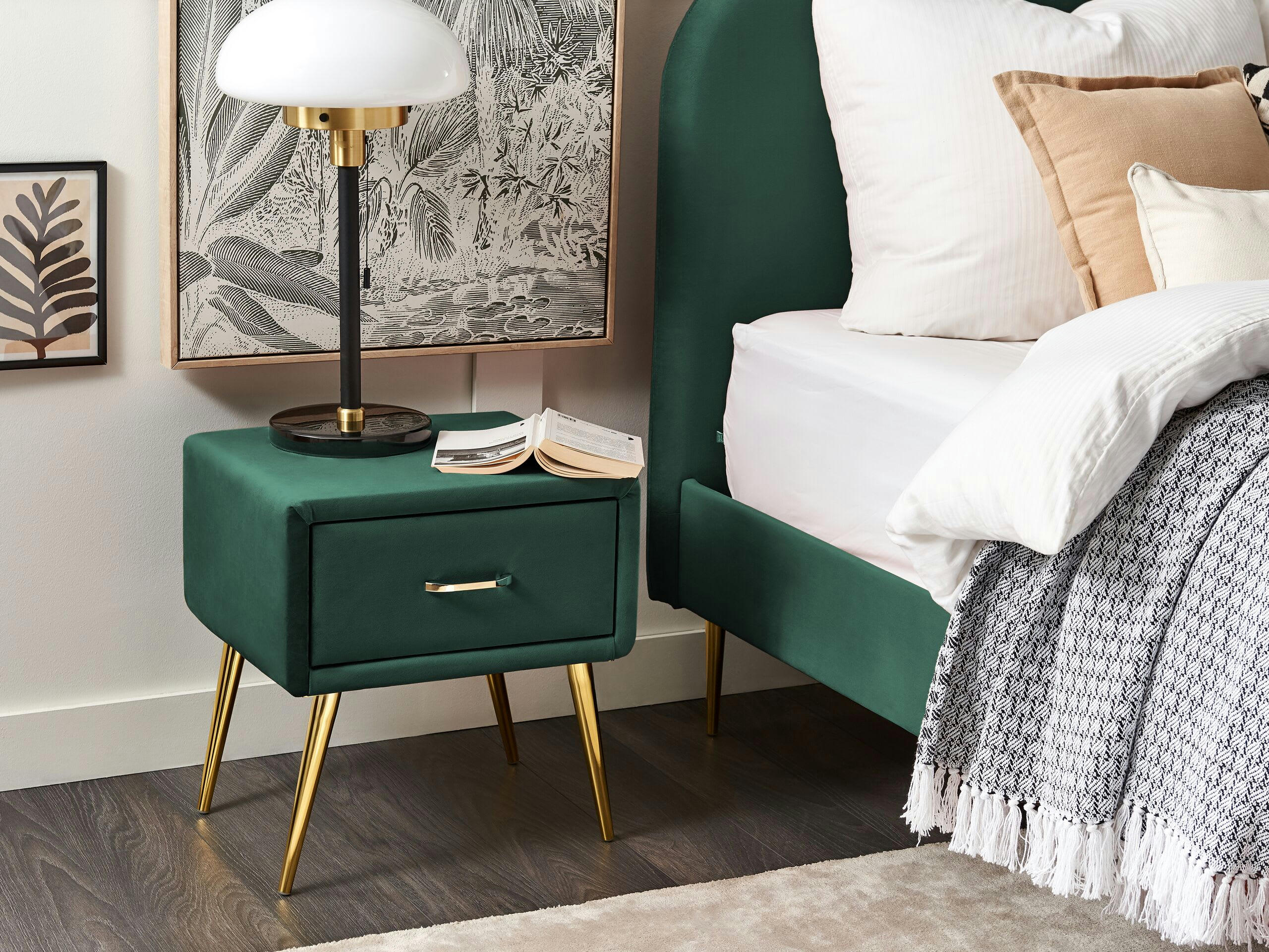 FLAYAT - Table de chevet verte en velours avec 1 tiroir