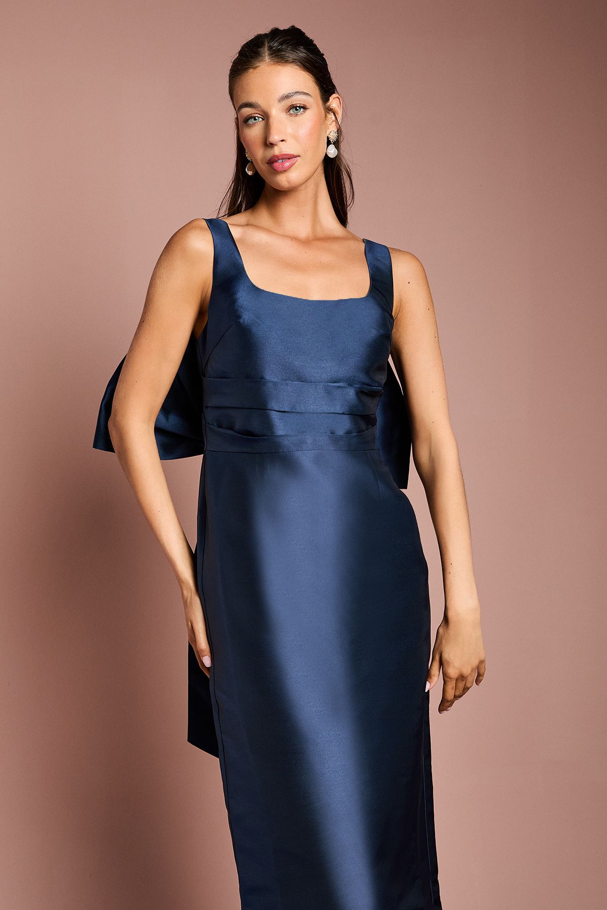 Coast Twill Sleeveless Column Bridesmaid Dress with Statement Bow Back