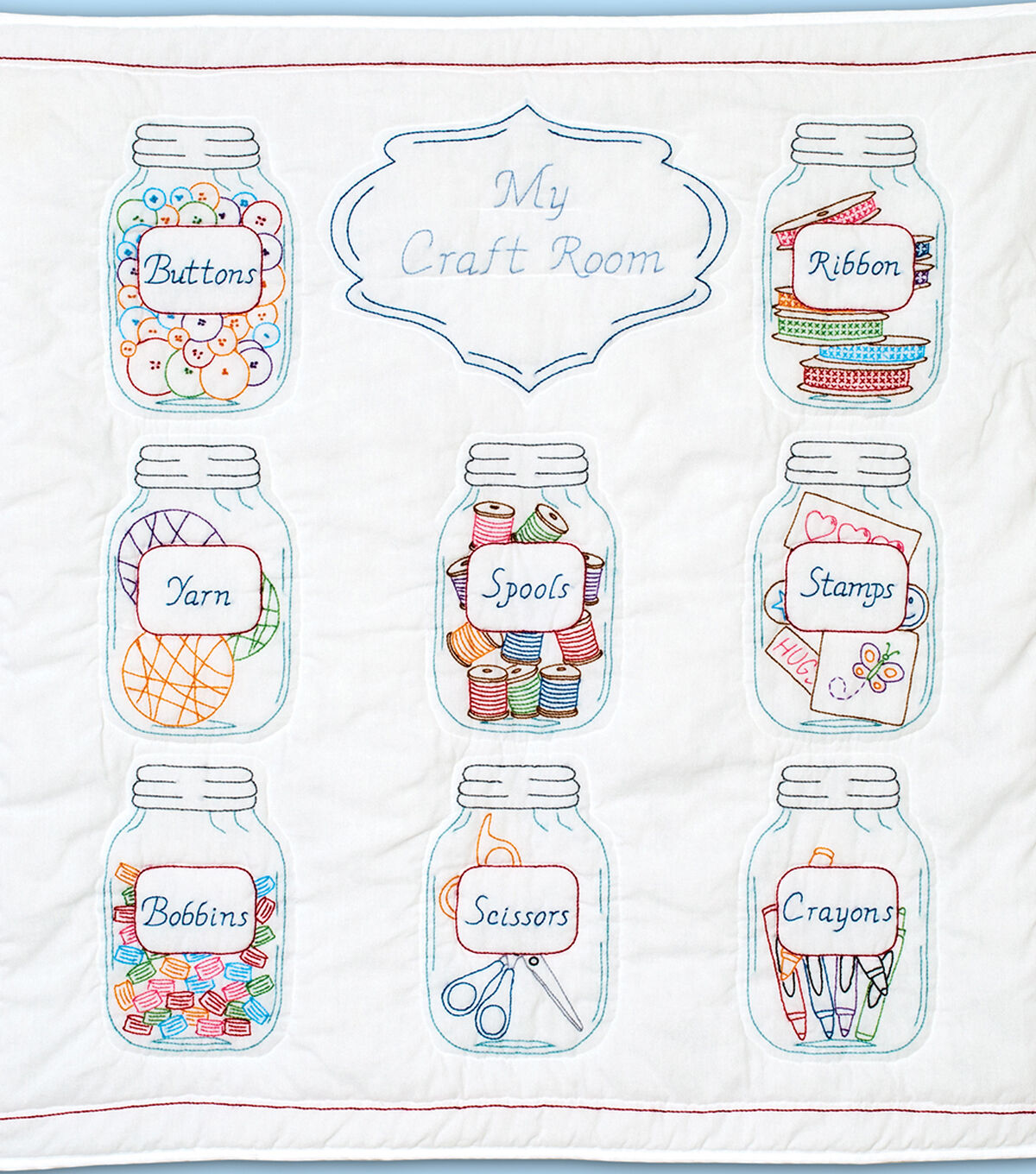 Stamped White Wall Or Lap Quilt 36X36 Mason Jars