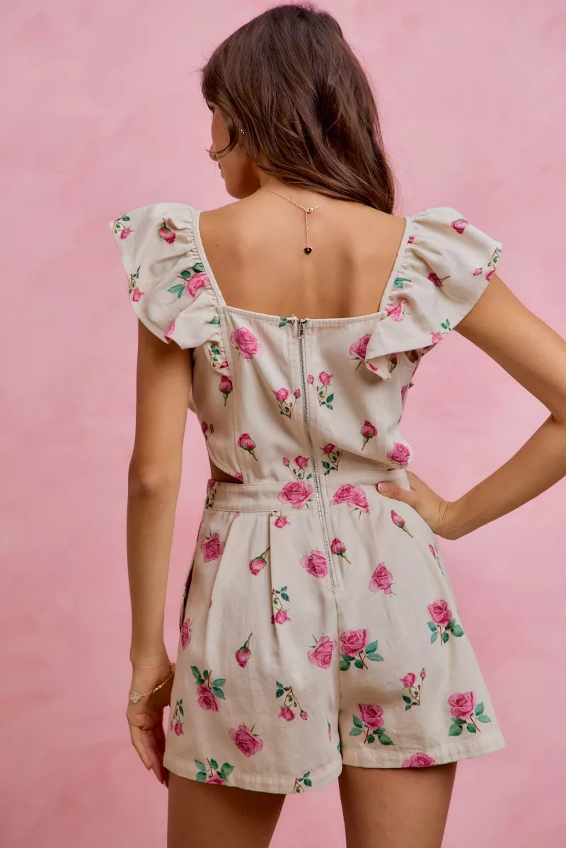 Floral Print Denim Cut Out Waist Ruffled Romper