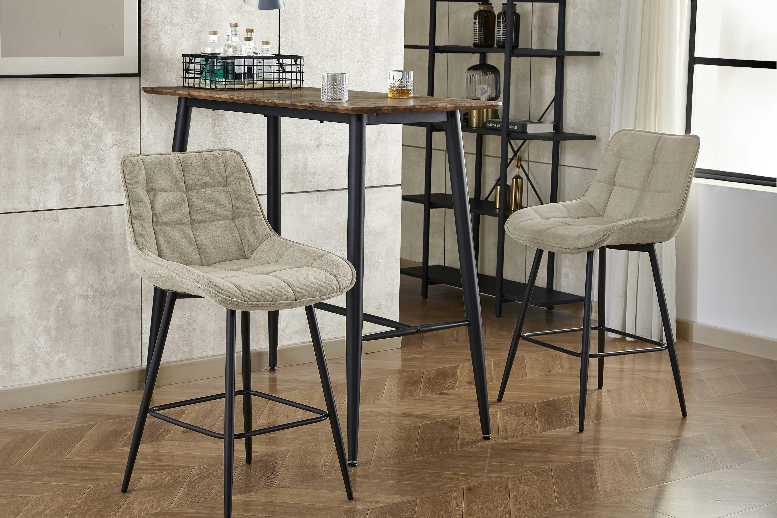 GRANT - Tabouret de bar en tissu Coloris Lin et pieds métal noir (x2)