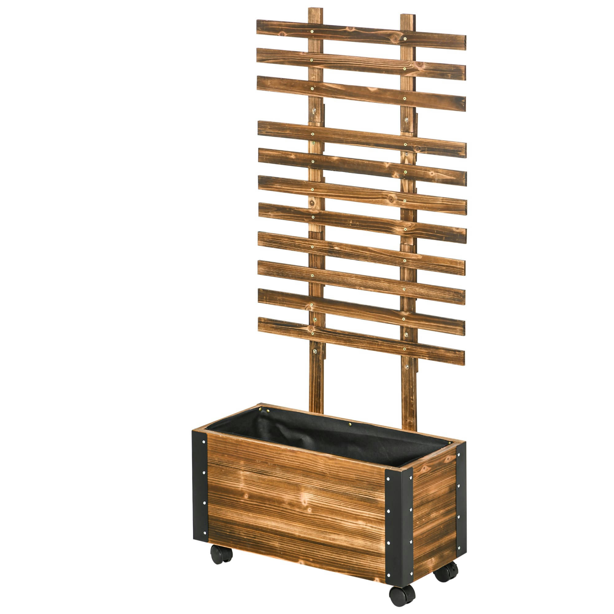 - Jardinière avec treillis roulettes métal sapin traité carbonisation