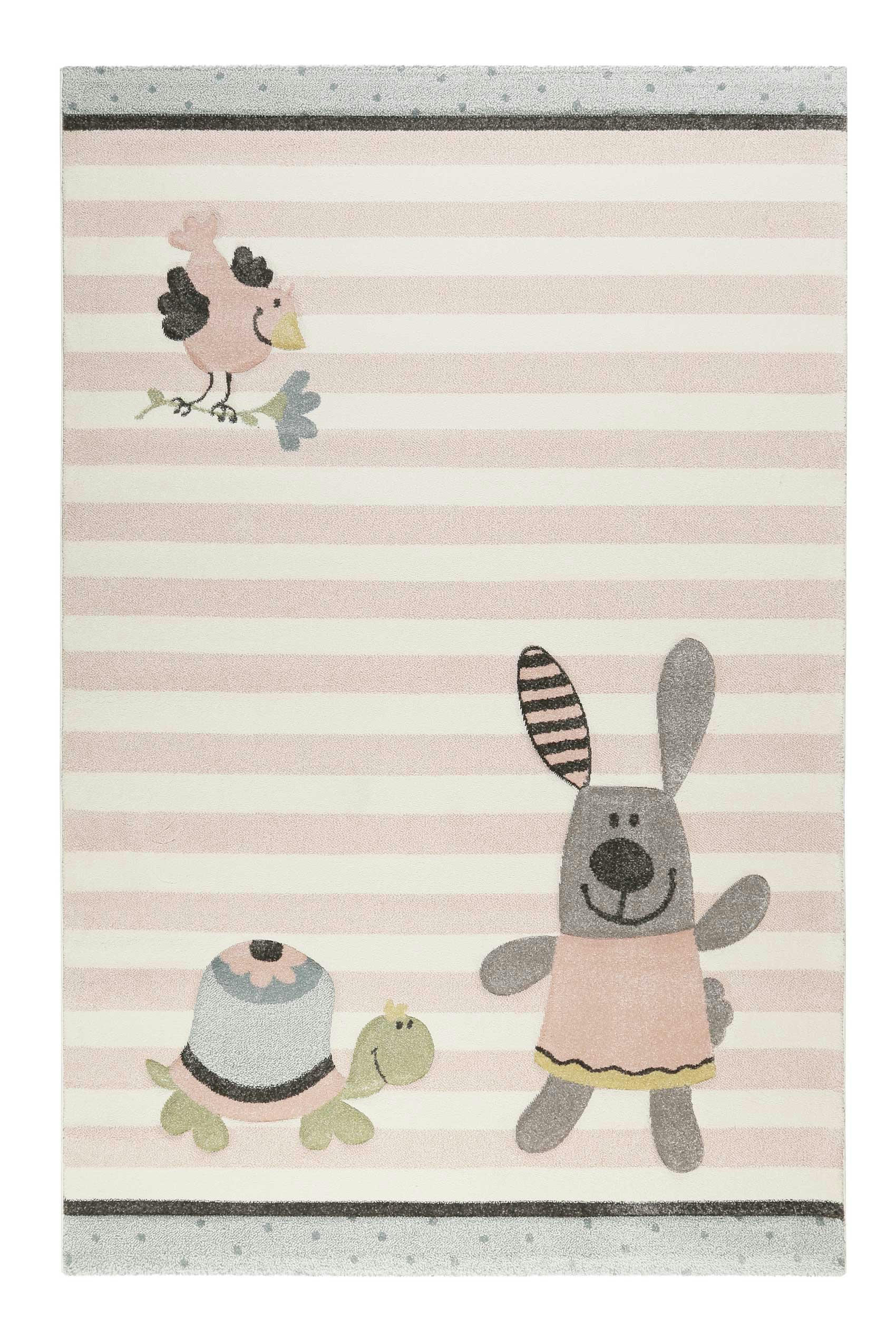 HAPPY FRIENDS - Tapis enfant rayé pastel motif animaux 80x150