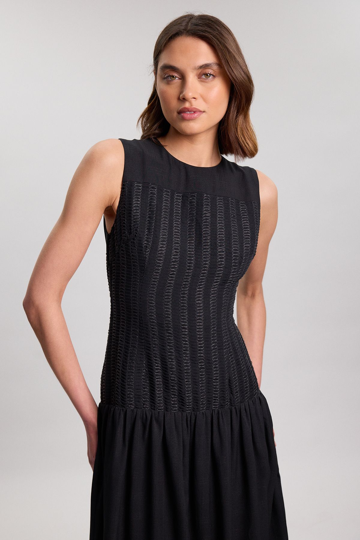 KarenMillen Textured Drop Waist Long Sleeve Woven Midi Dress