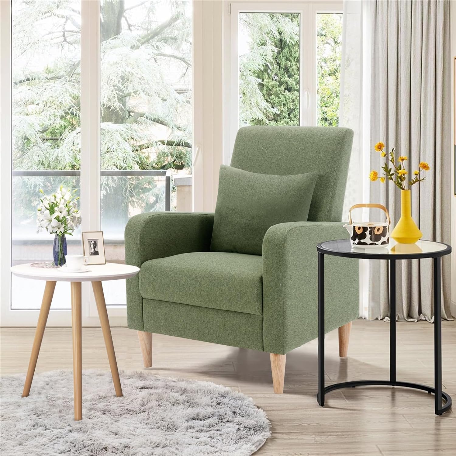 COLAMY Modern Upholstered Accent Chair Armchair with Pillow, Fabric Reading Living Room Side Chair,Single Sofa with Lounge Seat and Wood Legs, Green