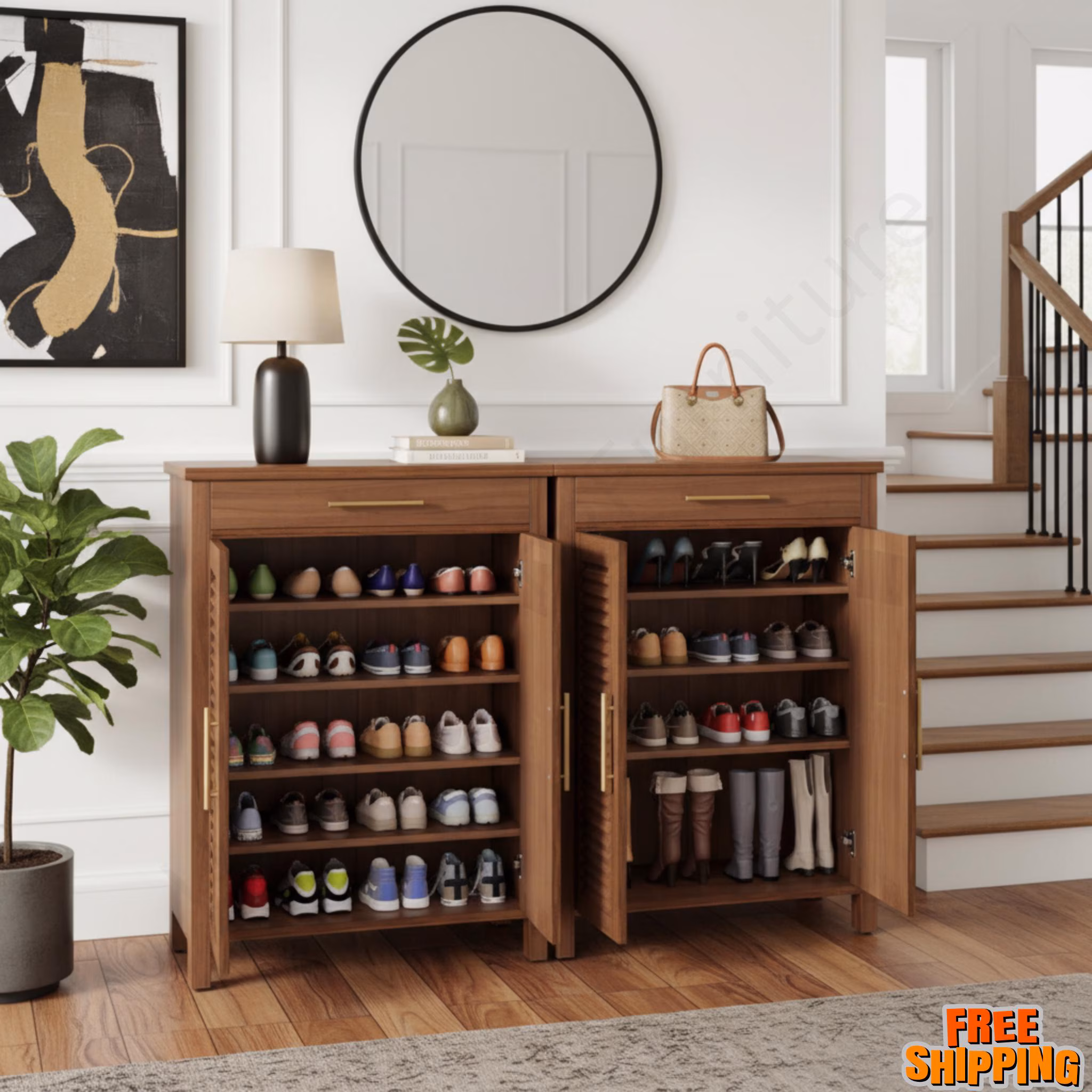 5 Tier Farmhouse Shoe Cabinet Organizer With Storage Shelves For Entryway