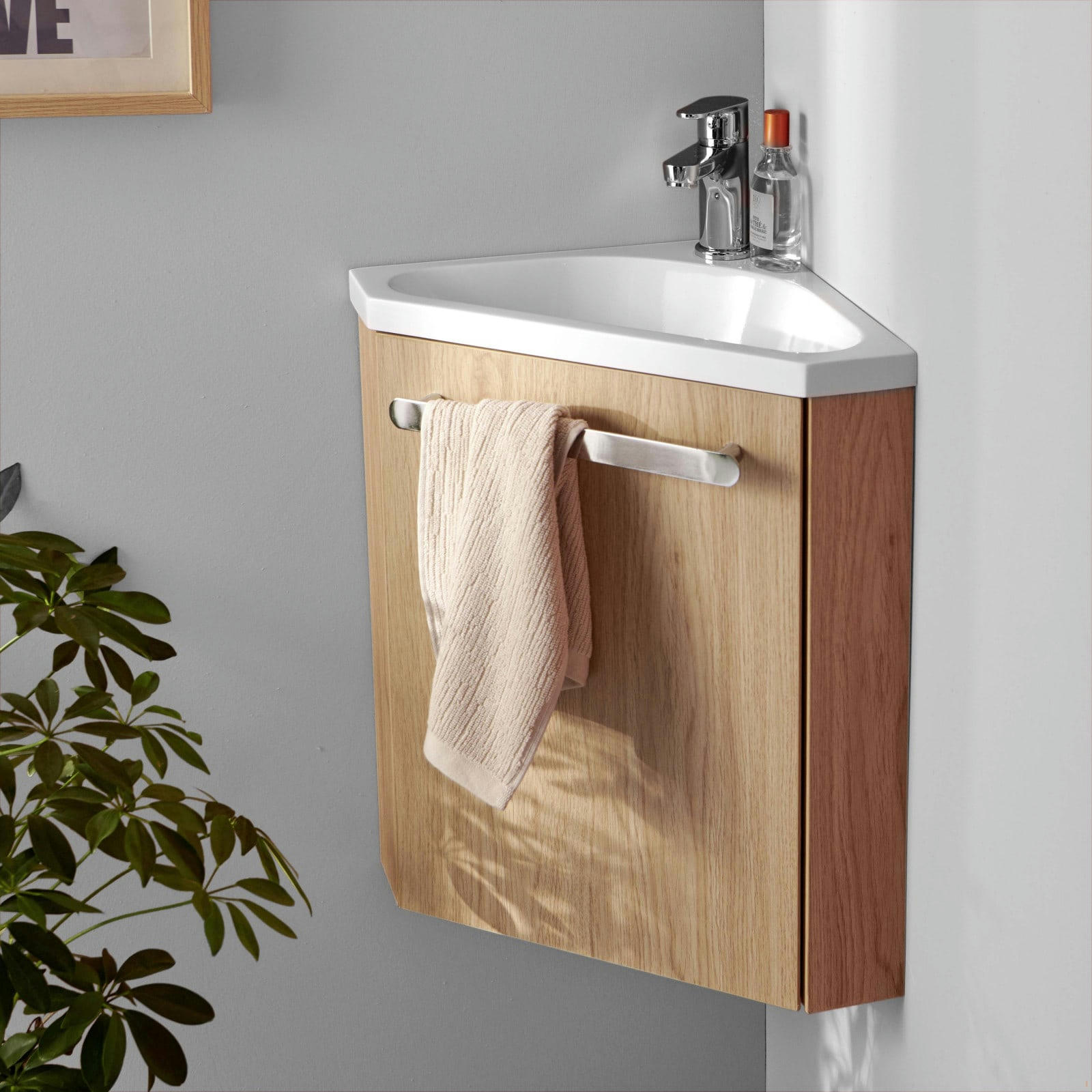 SKINO - Meuble lave-mains  décor chêne avec vasque blanche + robinet chromé