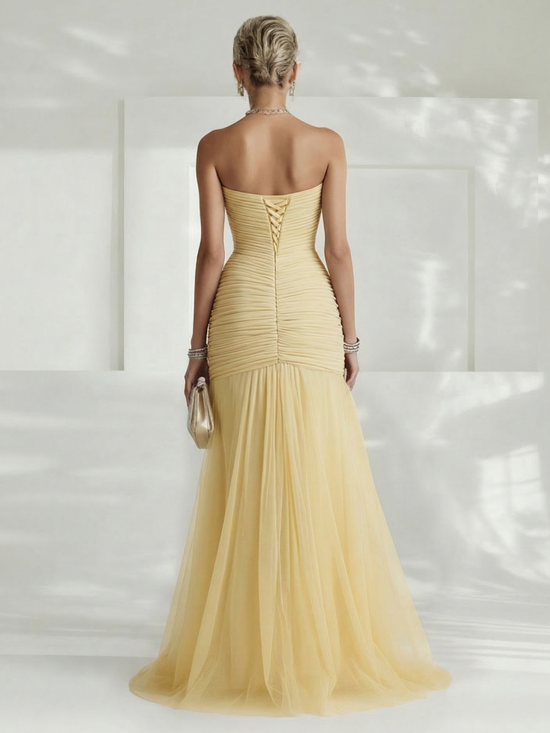 Elegant Strapless Pleated Tulle Maxi Dress