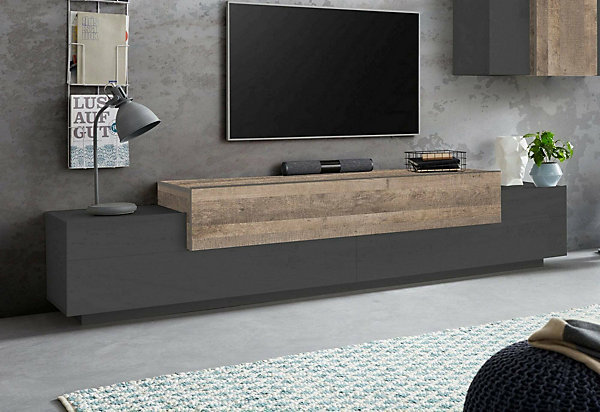 Meuble TV Tiche, Buffet bas de salon, Base pour meuble TV, 100% Made in Italy, 240x45h52 cm, Anthracite et érable