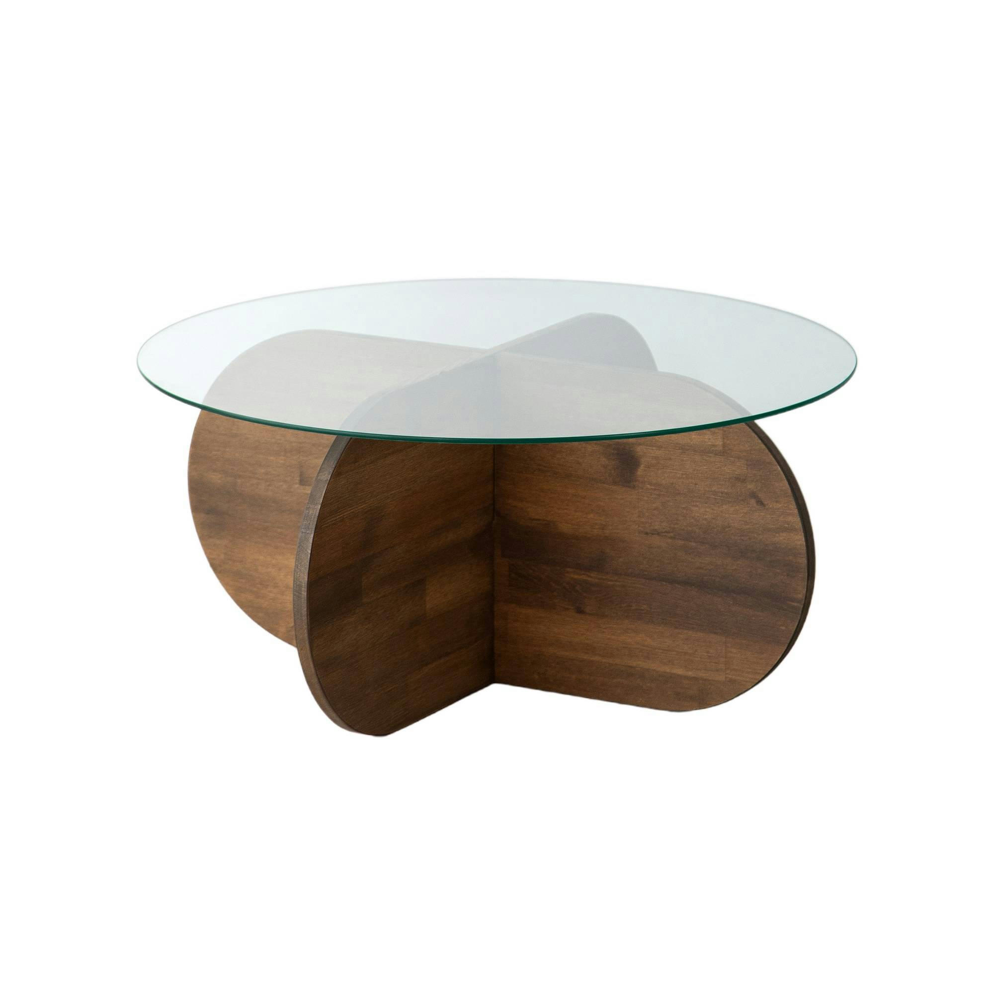 VENAS - Table basse design d75cm pin massif foncé et verre trompé transparent