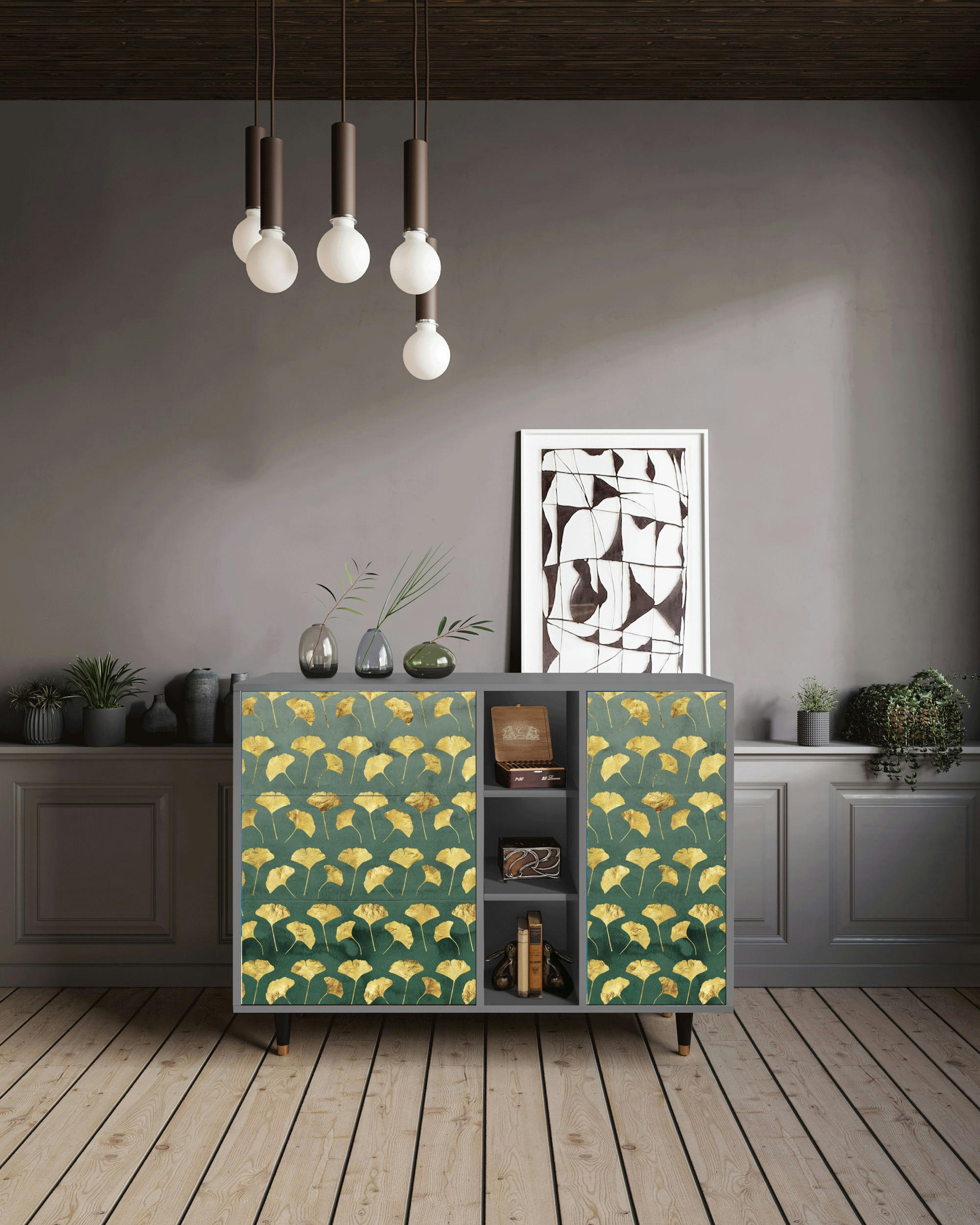 GINGKO LEAVES - Buffet  vert et jaune 3 tiroirs et 1 porte L 125 cm