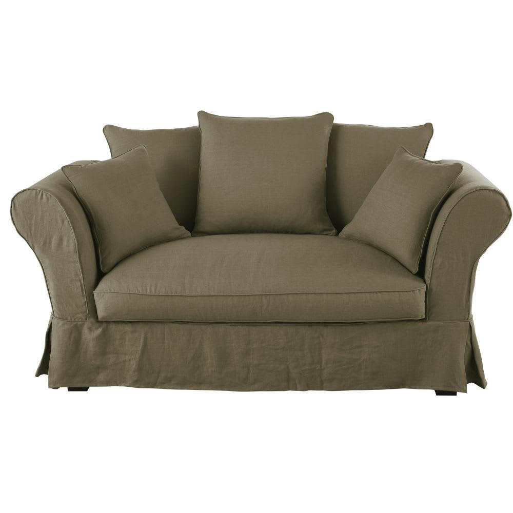 Roma - Housse de canapé 2 places en lin froissé vert kaki
