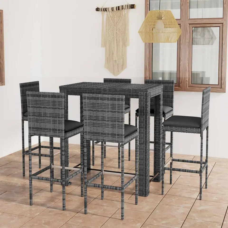 vidaXL - Tuinbarset met Kussens - Grijs Poly Rattan - 100x60,5 cm - 7 St.