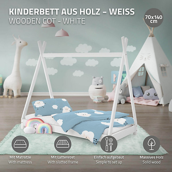 Lit d'enfant ML-Design Tipi 70x140 cm blanc en bois de pin massif avec sommier matelas style indien